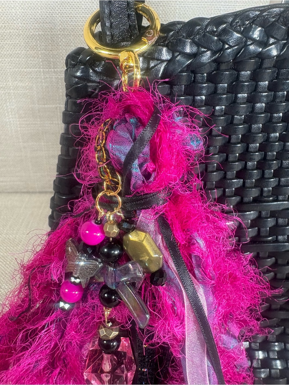 Hand Crafted Fuchsia Pink Tassel Keychain/Bag Charm with Gold Accents - Picture 11 of 12